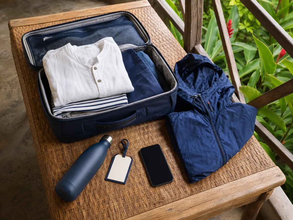 Valise, veste légère et affaires préparées pour une arrivée à Toamasina