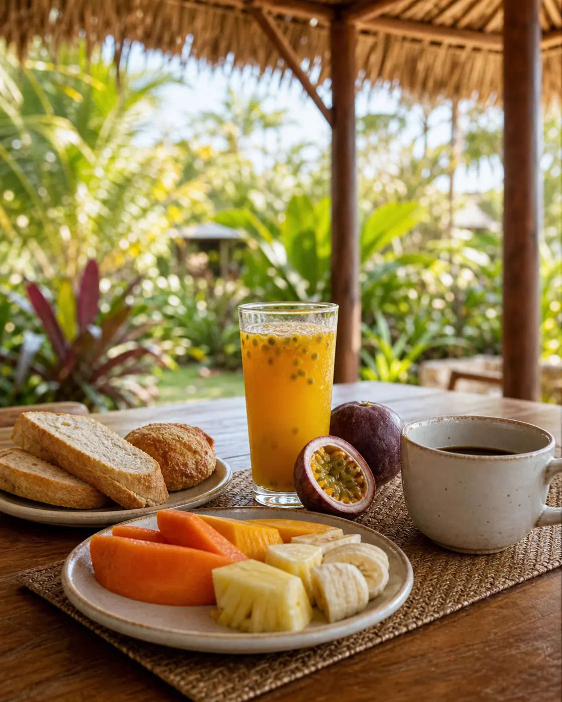 Petit-déjeuner avec jus de passion, café, pain et fruits sous une terrasse tropicale