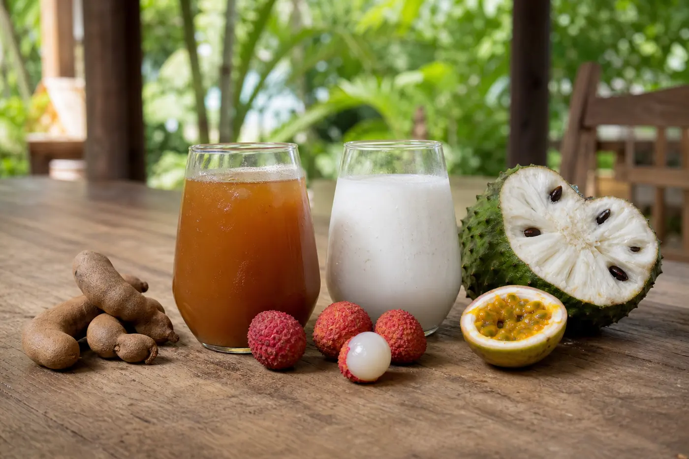 Deux boissons fruitées avec des gousses de tamarin, des litchis, un corossol et un fruit de la passion