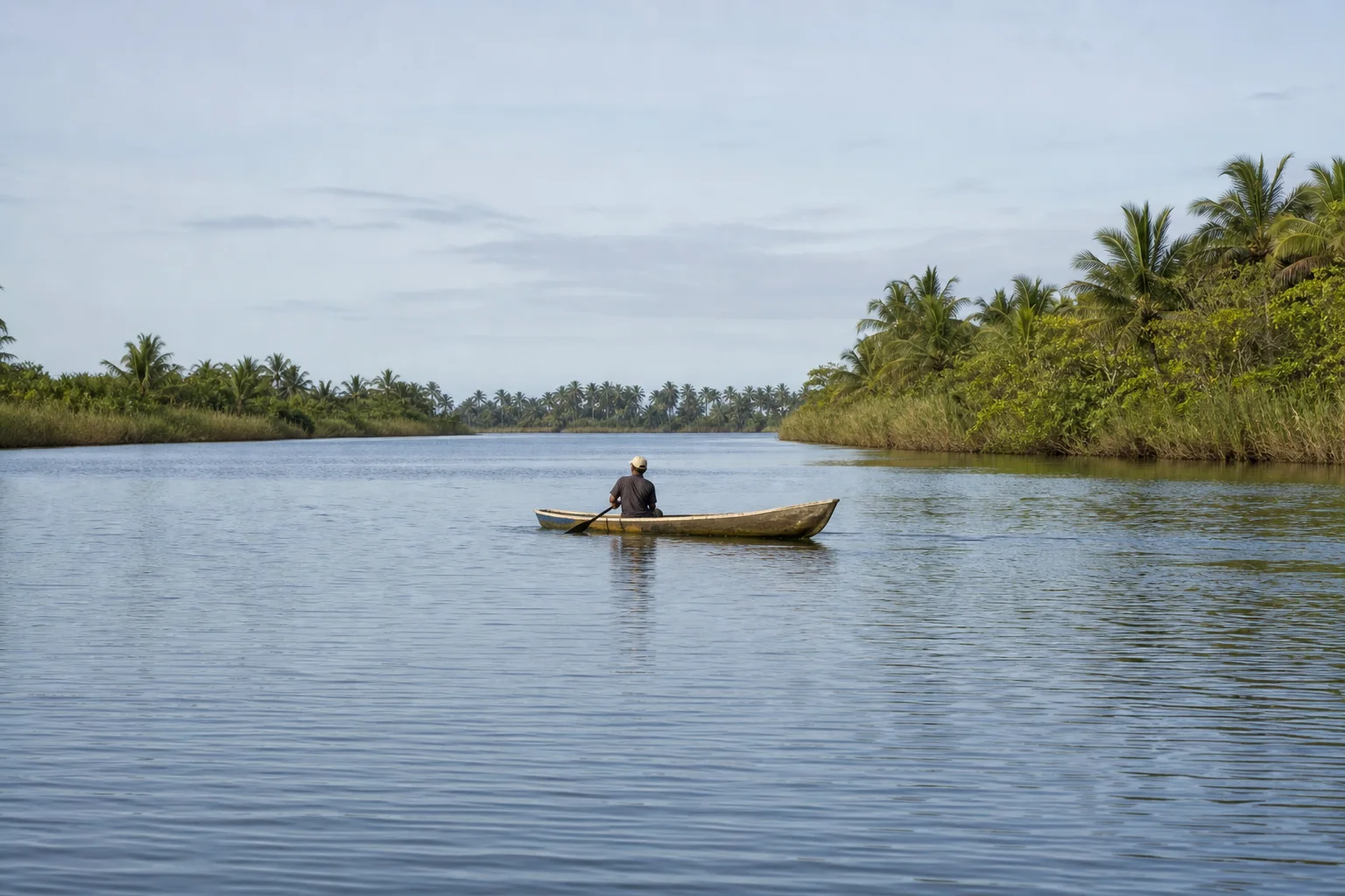 Petite embarcation sur une large voie d’eau bordée de végétation tropicale