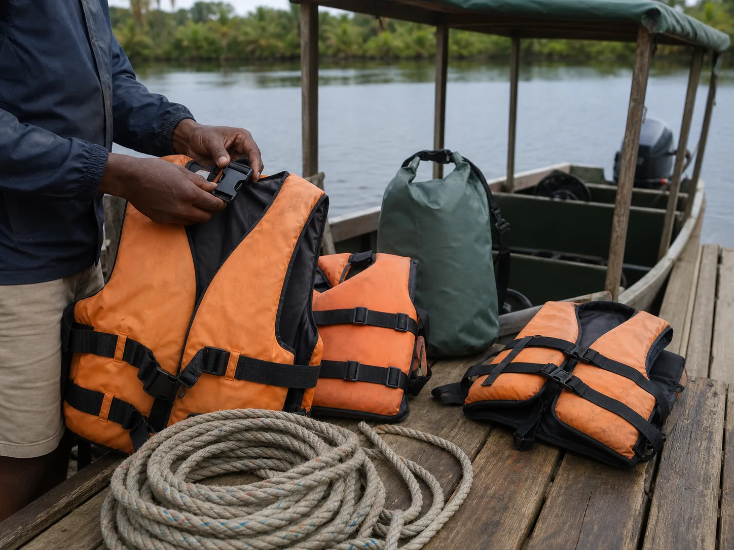 Gilets de sauvetage et sac étanche préparés pour une sortie en bateau