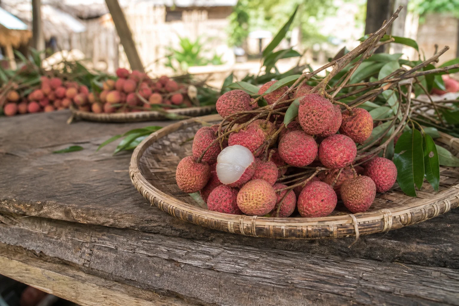 Litchis rouges de Madagascar sur un panier de marché