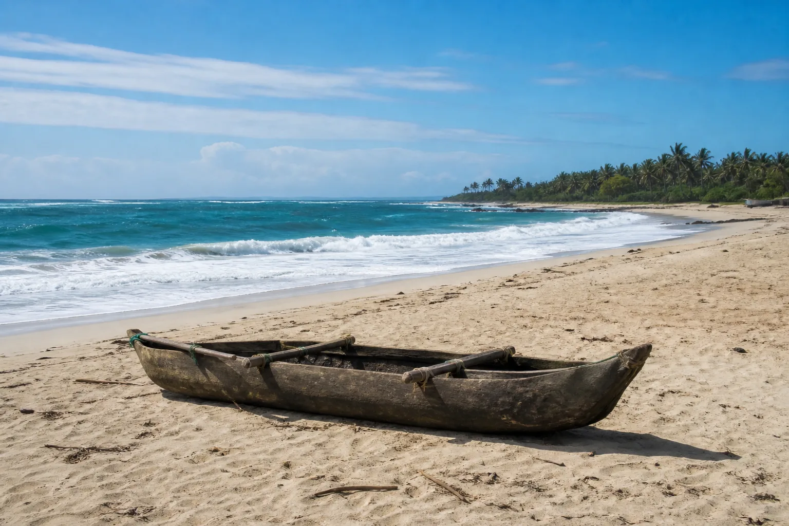 Pirogue en bois tirée sur une plage ouverte de Mahambo