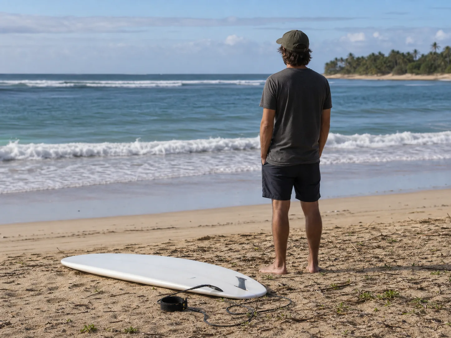 Voyageur observant les vagues depuis le sable près d’une planche sans marque