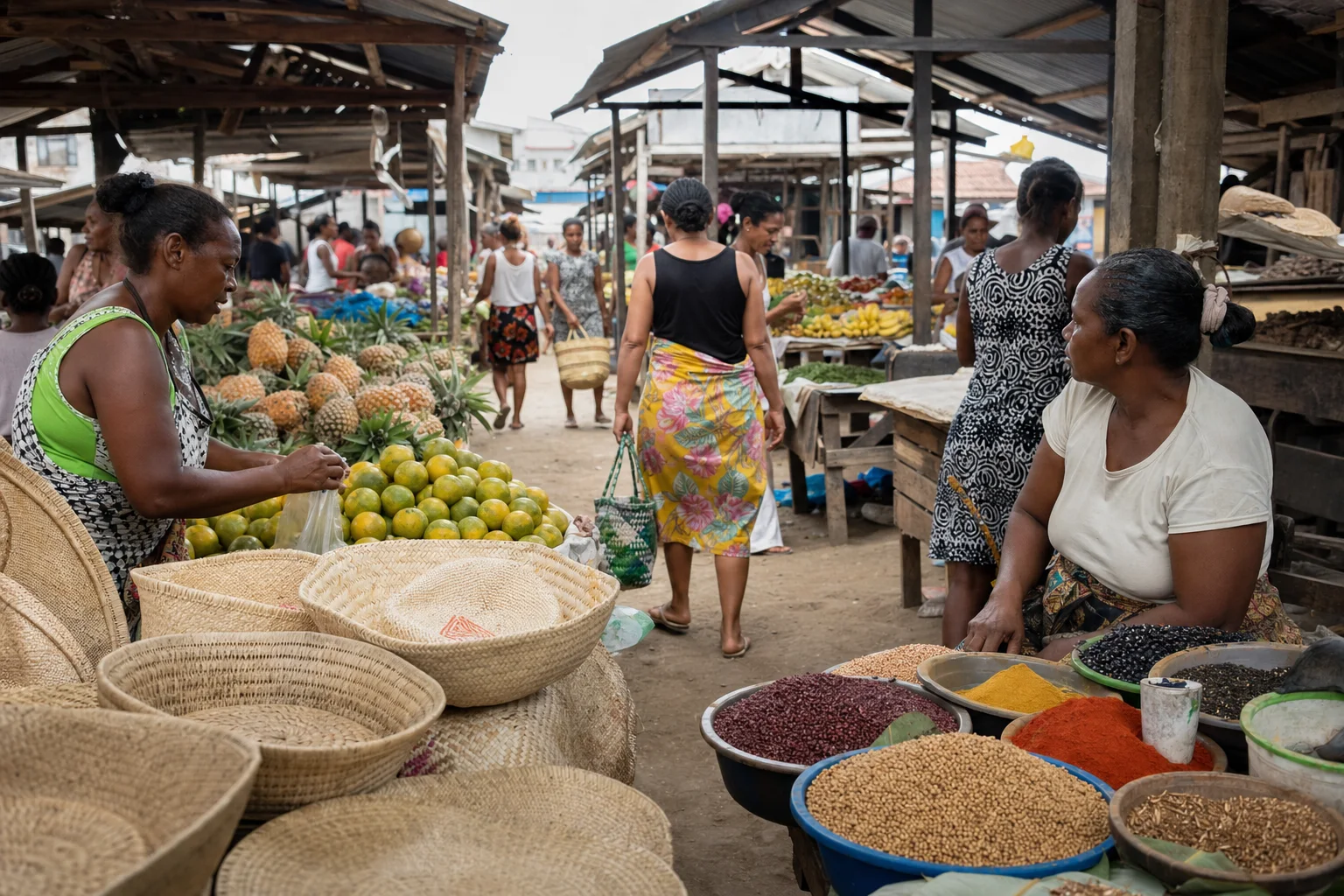 Étal de marché à Toamasina avec fruits, épices et objets en fibres végétales
