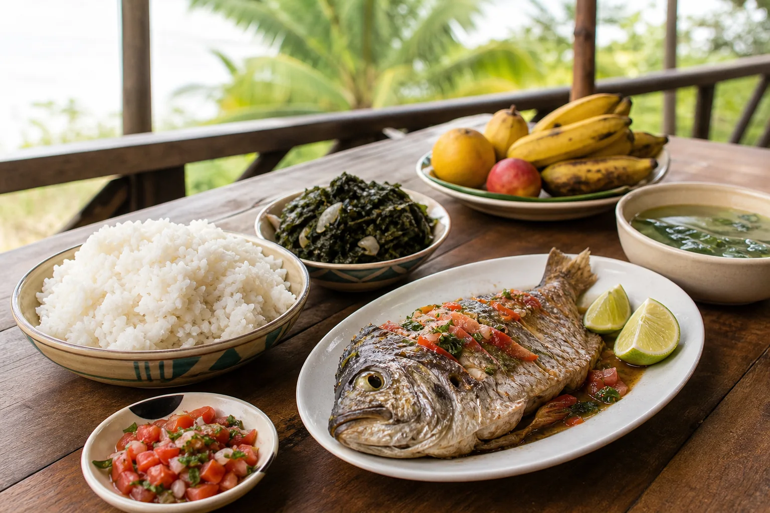 Repas servi à Toamasina avec poisson, riz, brèdes et fruits tropicaux