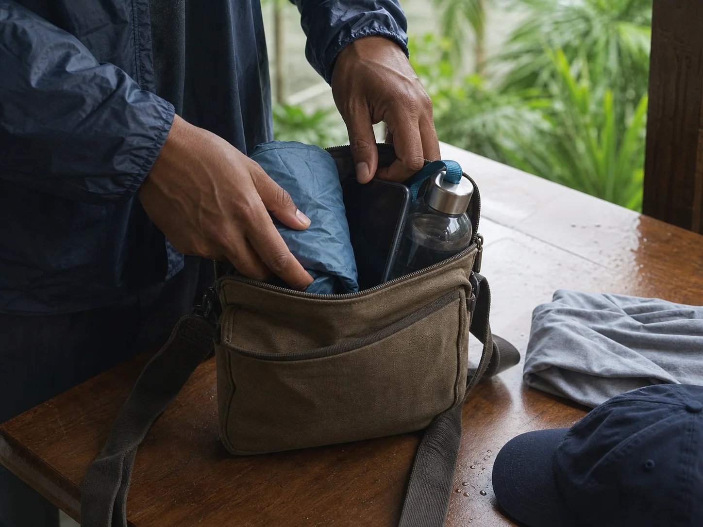 Petit sac fermé, vêtement de pluie et téléphone préparés avant une sortie à Toamasina