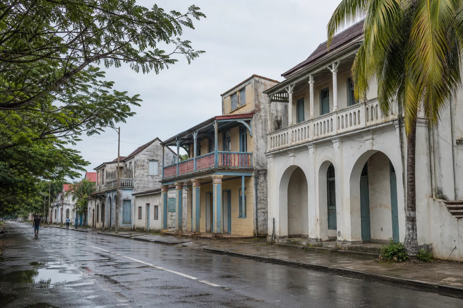 Rue tropicale bordée de façades anciennes évoquant le vieux Toamasina après la pluie